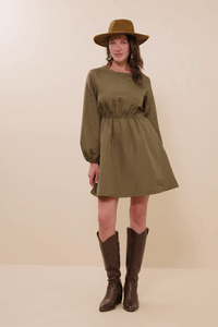 HY8372 Olive Womens Quilted Long Sleeve A Line Dress Gif