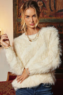HY8375 Ivory Womens Faux Fur Pullover Sweater Editorial