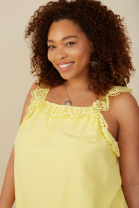 HY8382W Yellow Plus Scalloped Eyelet Ruffle Tank Full Body