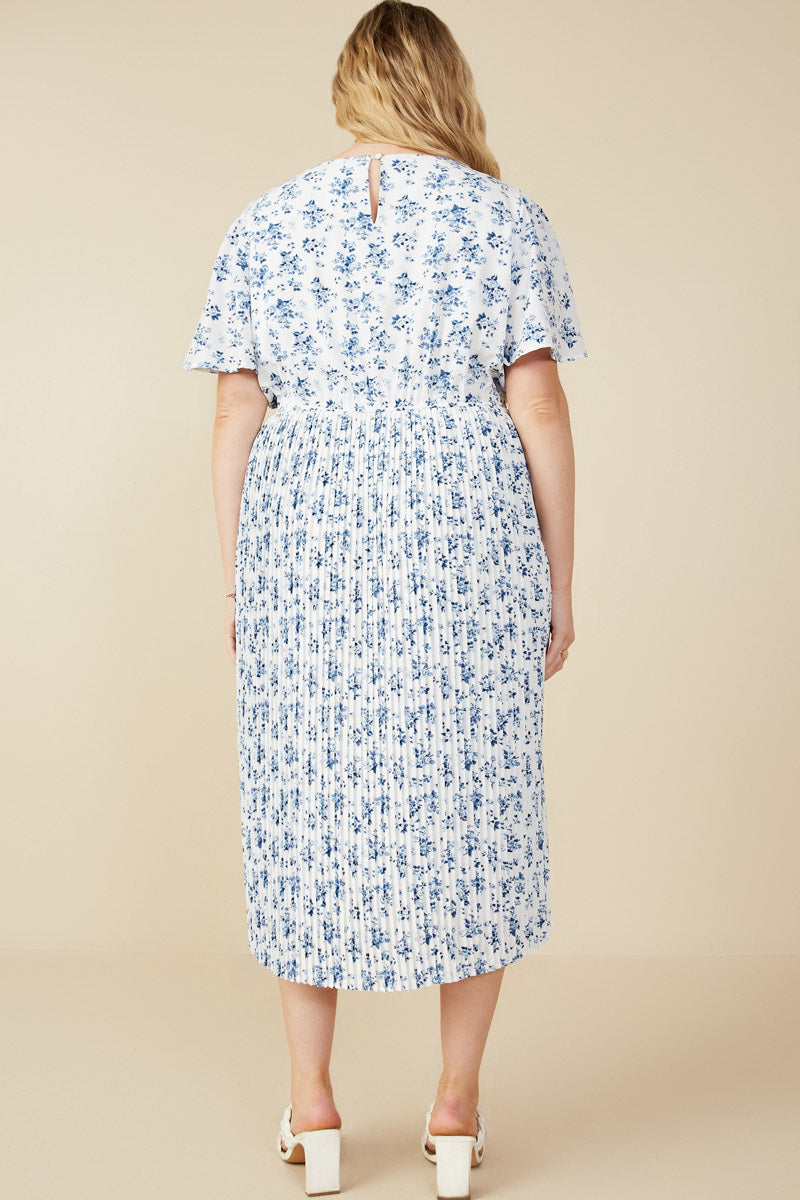 HY8396W Blue Plus Ditsy Floral Pleated Skirt Dress Detail