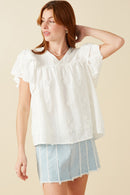 HY8411 Off White Womens Crochet Floral Detailed Ruffle Sleeve Top Front