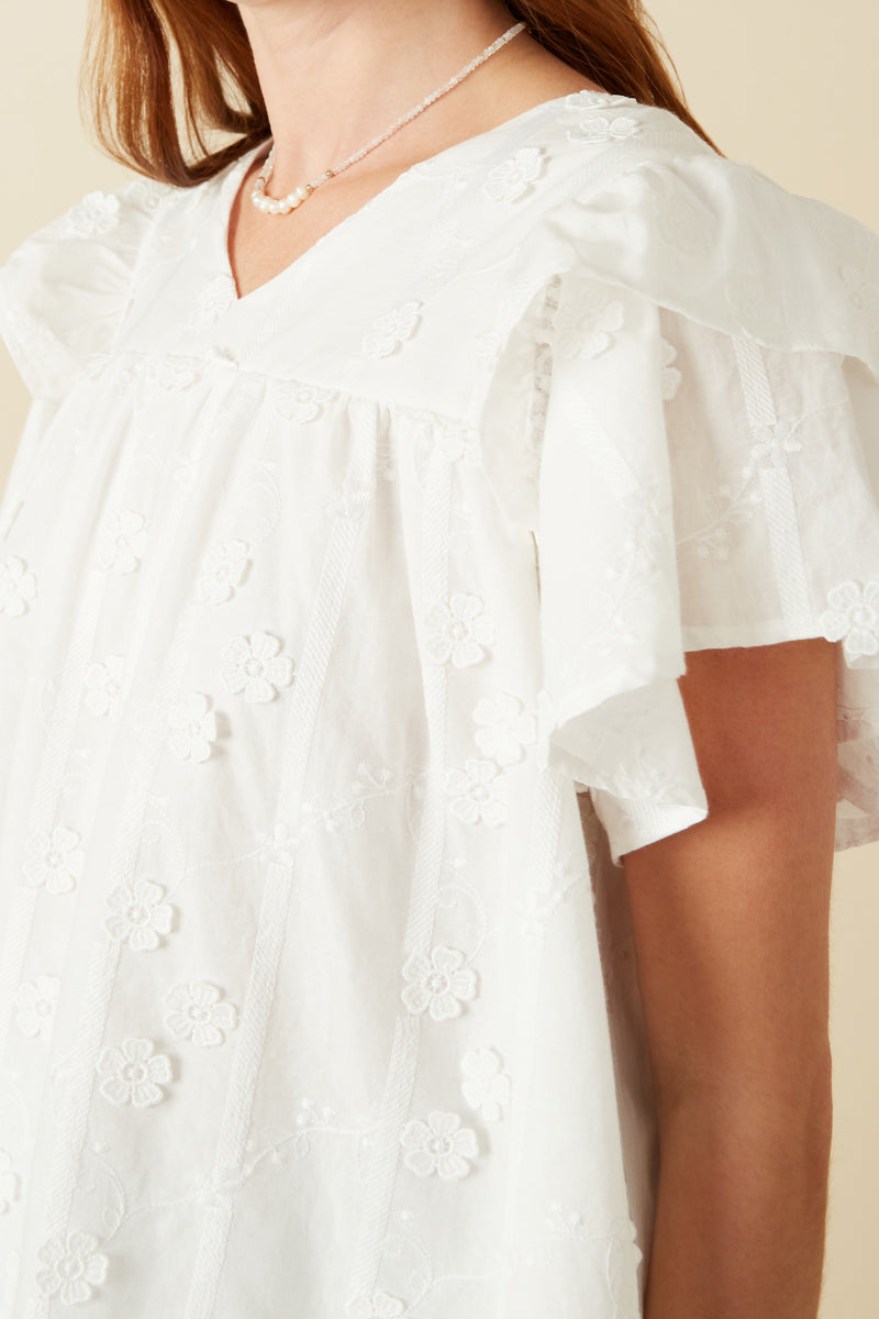 HY8411 Off White Womens Crochet Floral Detailed Ruffle Sleeve Top Gif