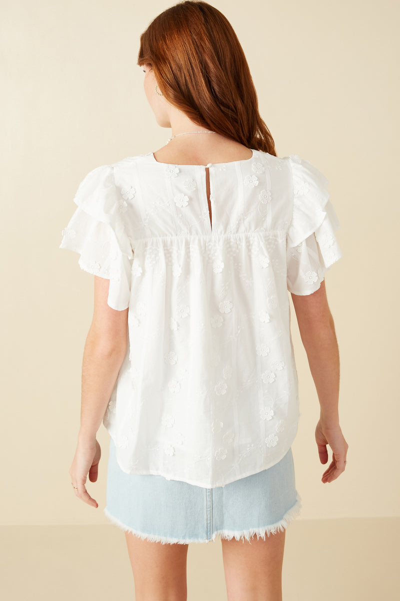 HY8411 Off White Womens Crochet Floral Detailed Ruffle Sleeve Top Detail