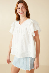 HY8411 Off White Womens Crochet Floral Detailed Ruffle Sleeve Top Back