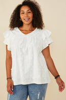 HY8411W Off White Plus Crochet Floral Detailed Ruffle Sleeve Top Front