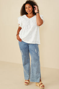 HY8411 Off White Womens Crochet Floral Detailed Ruffle Sleeve Top Side