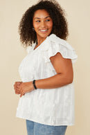 HY8411W Off White Plus Crochet Floral Detailed Ruffle Sleeve Top Gif