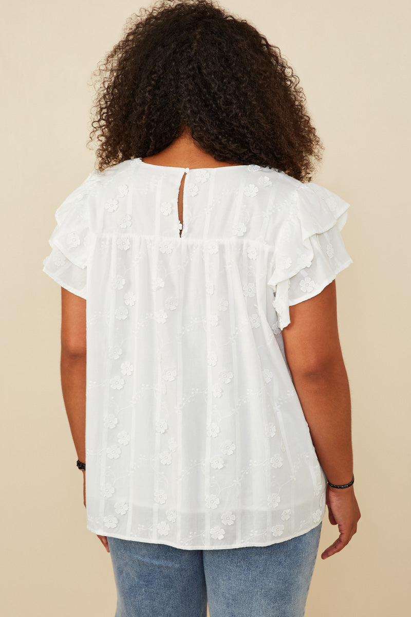 HY8411W Off White Plus Crochet Floral Detailed Ruffle Sleeve Top Full Body