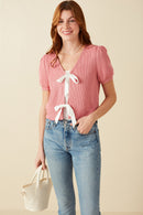 HY8419 Pink Womens Ribbed Knit Bow Detail Short Sleeve Open Top Front