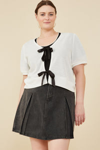 HY8419 Off White Womens Ribbed Knit Bow Detail Short Sleeve Open Top Front