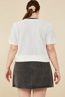 HY8419W Off White Plus Ribbed Knit Bow Detail Short Sleeve Open Top Side