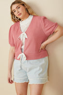 HY8419W Pink Plus Ribbed Knit Bow Detail Short Sleeve Open Top Pose