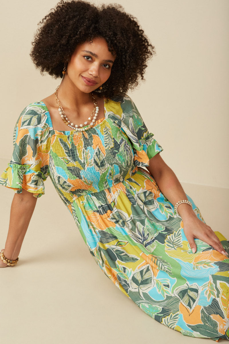 Vivid Botanical Print Square Neck Dress For Women