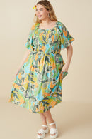 HY8427 Blue Mix Womens Vivid Botanical Print Smocked Square Neck Dress Pose