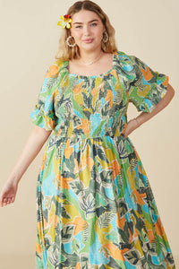 HY8427W Blue Mix Plus Vivid Botanical Print Smocked Square Neck Dress Front