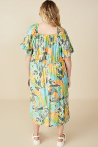 HY8427W Blue Mix Plus Vivid Botanical Print Smocked Square Neck Dress Back