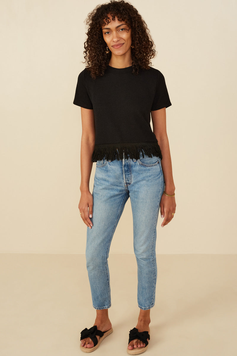 HY8429 Black Womens Fringed Tassel Hem Textured Knit Top Gif