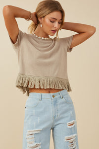 HY8429 Mustard Womens Fringed Tassel Hem Textured Knit Top Gif