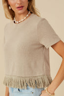 HY8429W Mustard Plus Fringed Tassel Hem Textured Knit Top Full Body
