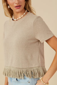 HY8429W Mustard Plus Fringed Tassel Hem Textured Knit Top Full Body