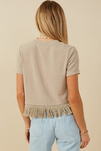 HY8429 Womens Fringed Tassel Hem Textured Knit Top Front