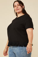 HY8429 Mustard Womens Fringed Tassel Hem Textured Knit Top Front