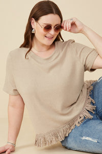 HY8429 Mustard Womens Fringed Tassel Hem Textured Knit Top Full Body