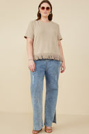 HY8429W Taupe Plus Fringed Tassel Hem Textured Knit Top Pose