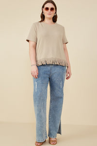 HY8429W Taupe Plus Fringed Tassel Hem Textured Knit Top Pose