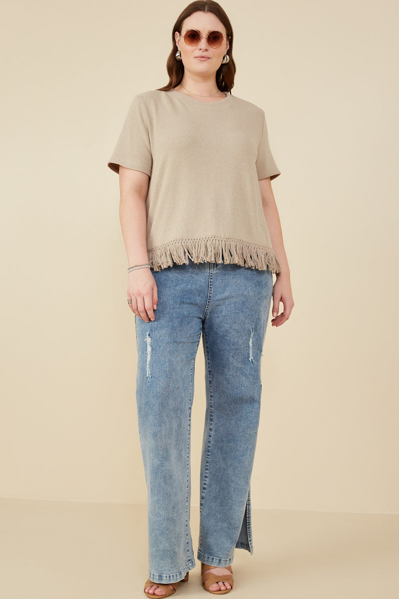 HY8429W Taupe Plus Fringed Tassel Hem Textured Knit Top Pose