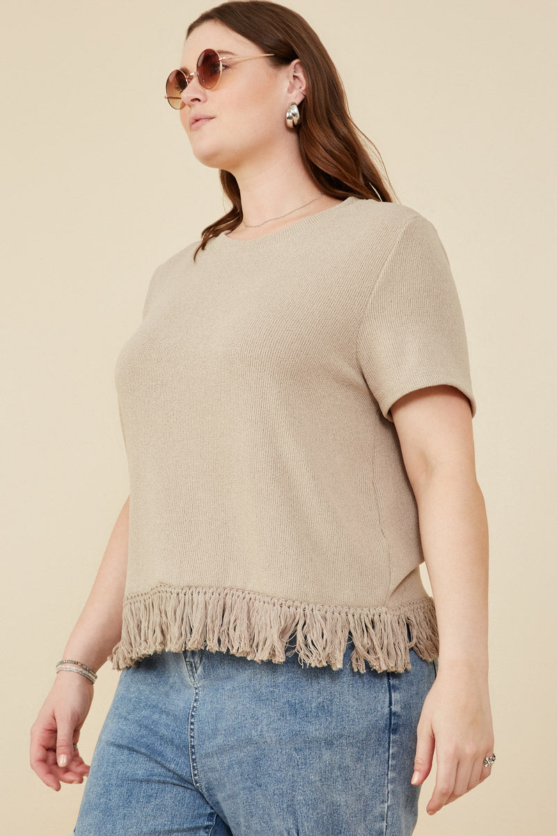 HY8429 Womens Fringed Tassel Hem Textured Knit Top Gif