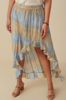 HY8448 Blue Mix Womens Crinkle Textured Asymmetric High Low Skirt Front