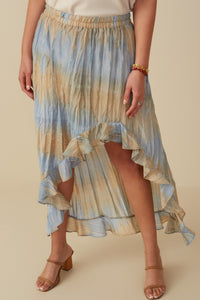 HY8448 Blue Mix Womens Crinkle Textured Asymmetric High Low Skirt Front