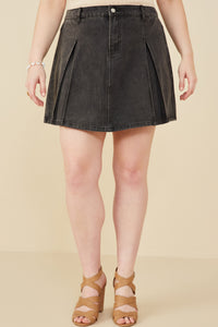 HY8451W Denim Plus Box Pleated Washed Denim Skirt Front
