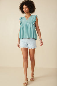 HY8456 Mint Womens Ruffled V Neck Wash Tencel Tank Gif