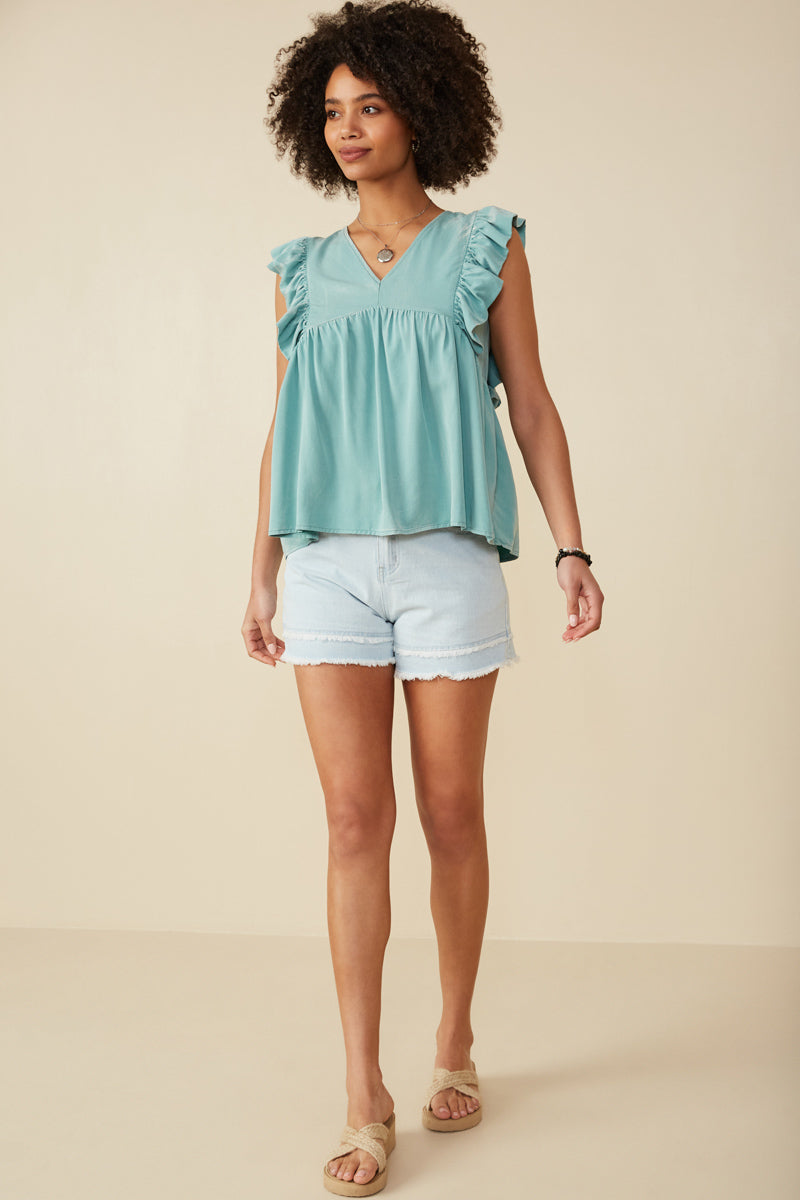 HY8456 Mint Womens Ruffled V Neck Wash Tencel Tank Gif