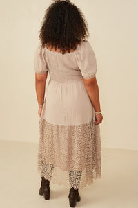 HY8475W Stone Plus Crochet Eyelet Hemmed Smocked Dress Front