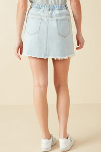 HY8478 Light Denim Womens Frayed Seam Detailed Denim Skirt Side