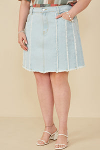HY8478W Light Denim Plus Frayed Seam Detailed Denim Skirt Front