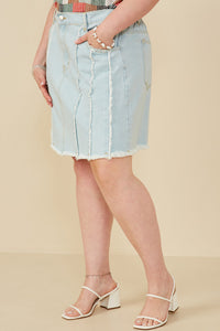 HY8478 Light Denim Womens Frayed Seam Detailed Denim Skirt Full Body