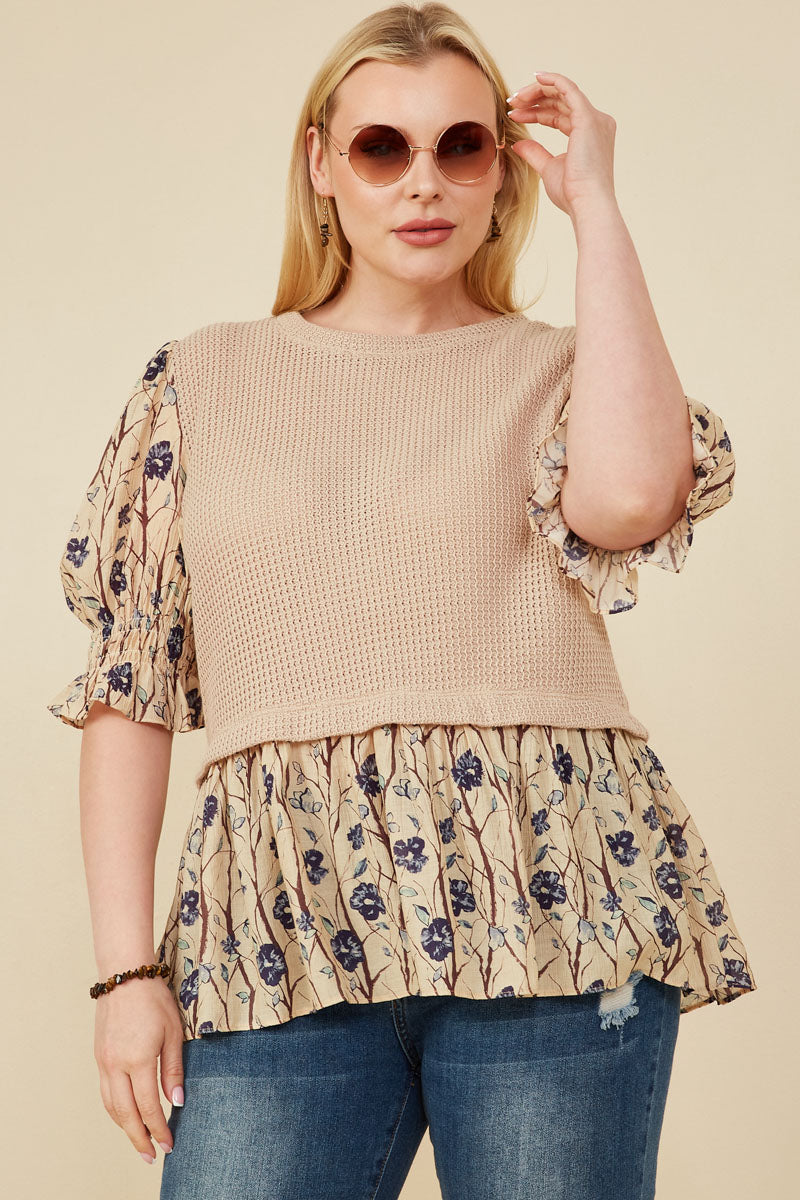 Mix Media Floral Woven Twofer Top