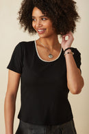 HY8490W Black Plus Pearl Trimmed Scoop Neck Textured Knit Top Front