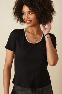 HY8490W Black Plus Pearl Trimmed Scoop Neck Textured Knit Top Front