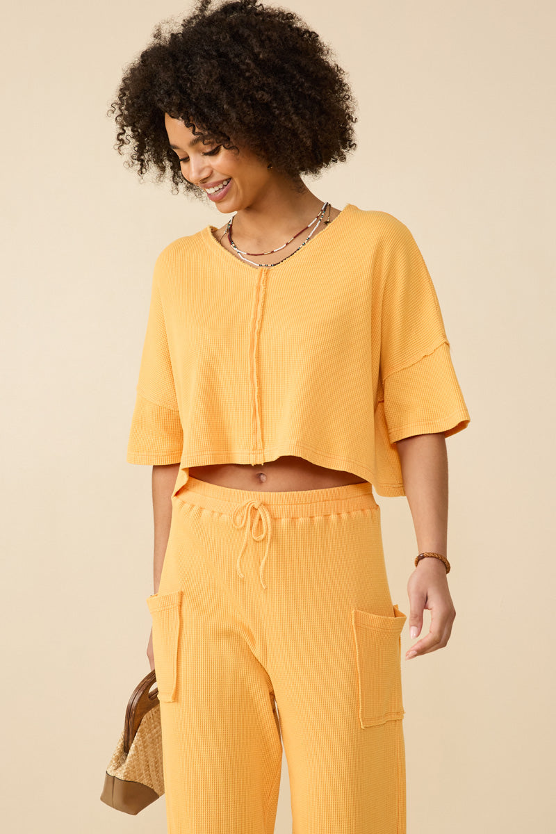 Raw Edge Detailed Drop Shoulder Washed Waffle Knit Top