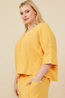 HY8492W Peach Plus Raw Edge Detailed Drop Shoulder Washed Waffle Knit Top Side