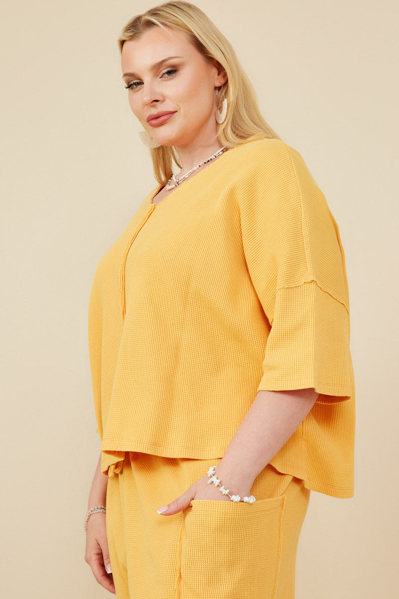 HY8492W Peach Plus Raw Edge Detailed Drop Shoulder Washed Waffle Knit Top Side