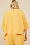 HY8492W Peach Plus Raw Edge Detailed Drop Shoulder Washed Waffle Knit Top Back