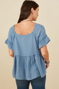 HY8495 Denim Womens Washed Gauze Textured Fray Detail Top Detail