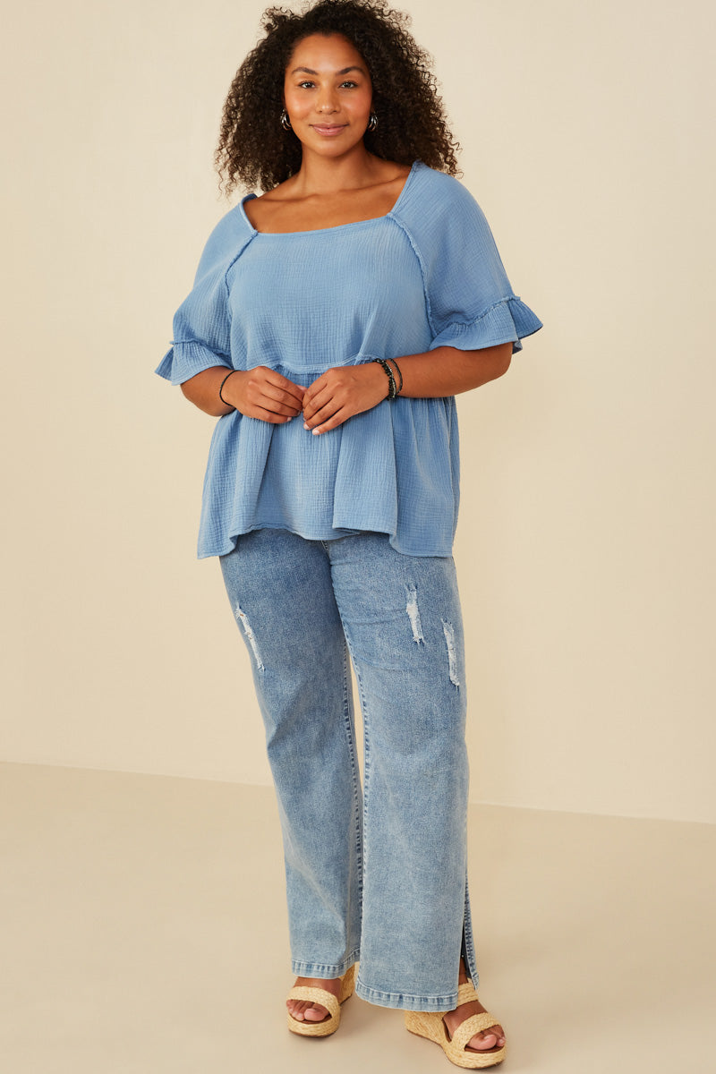 HY8495 Denim Womens Washed Gauze Textured Fray Detail Top Front