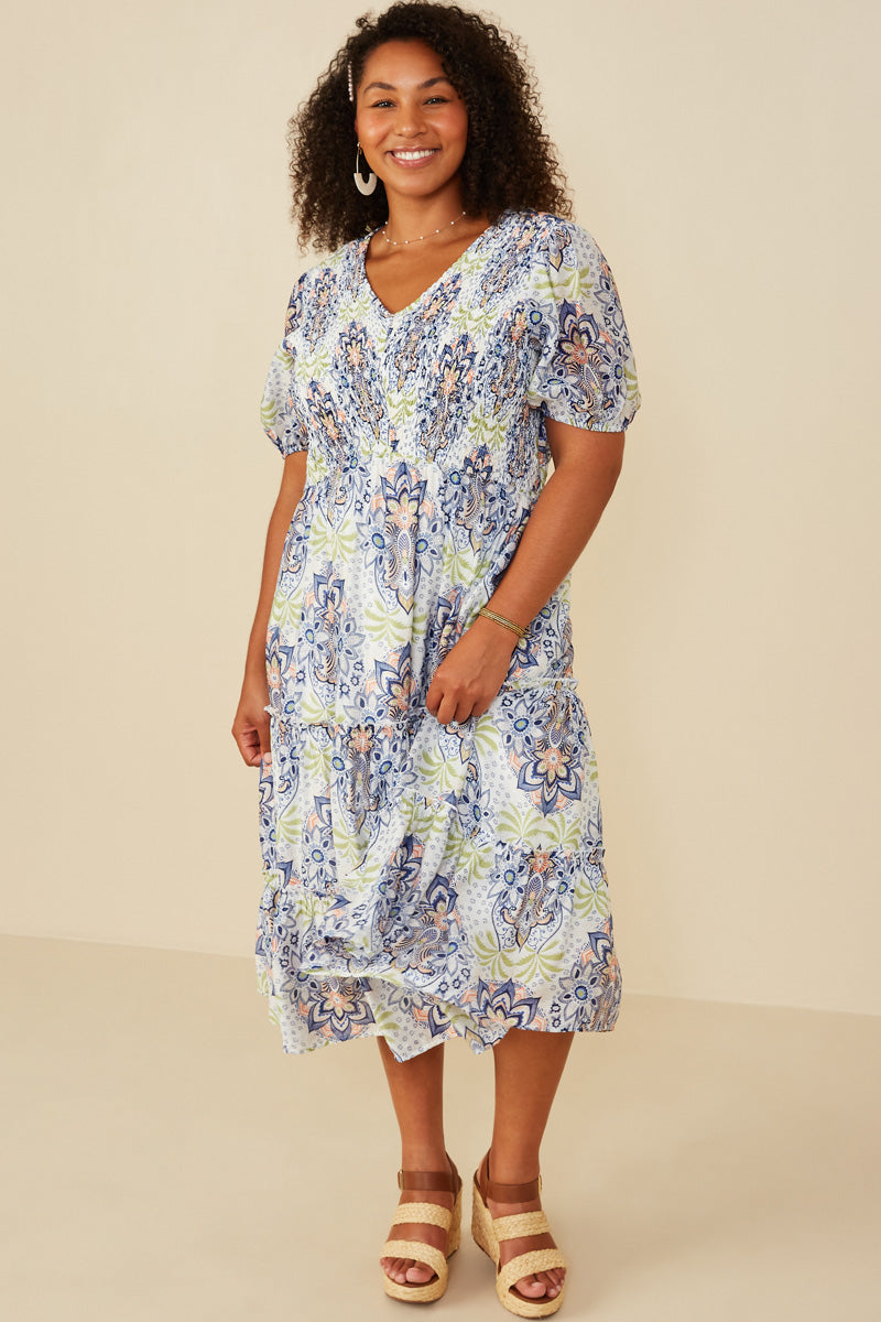 Mandala Print Chevron Smocked Dress